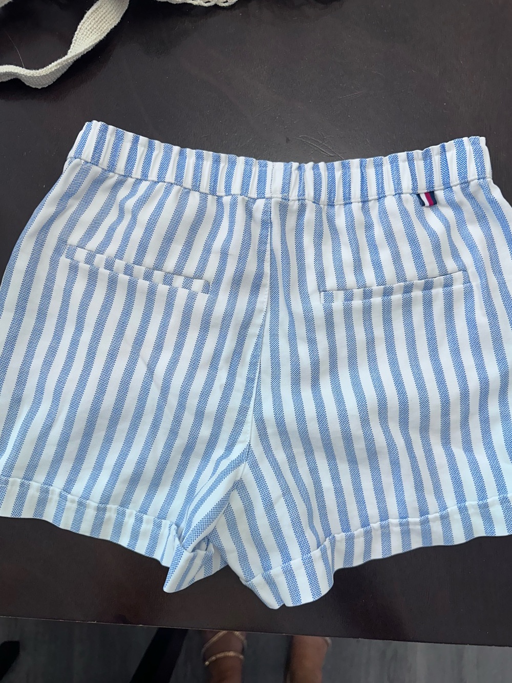 Tommy Hilfiger Light Blue and White Striped High Waist Shorts